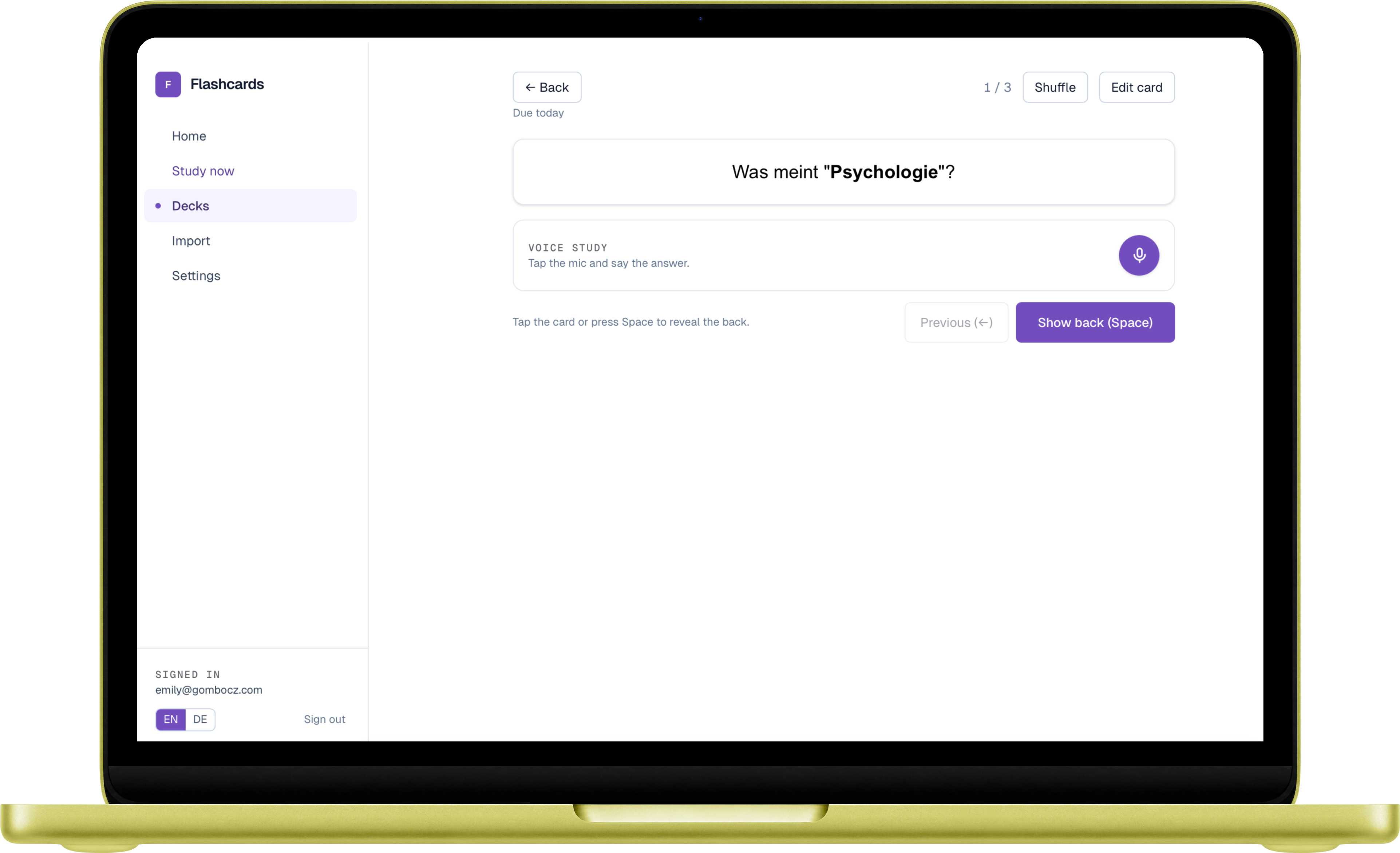 Flashcard tool shown on a MacBook